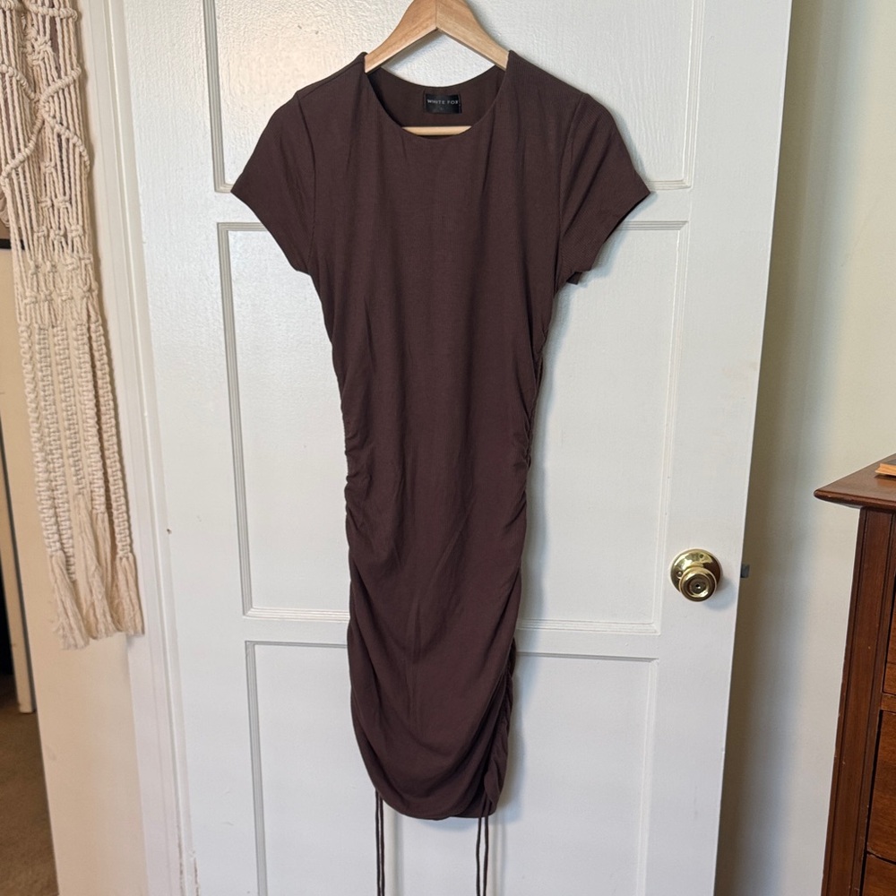 White Fox Boutique Brown Ruched Drawstring Midi Dress